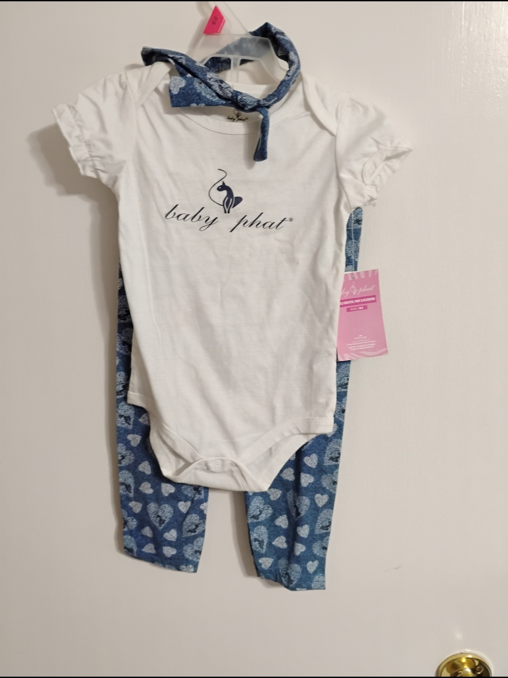 Baby Phat White Logo Onesie with Blue Heart Leggings Set